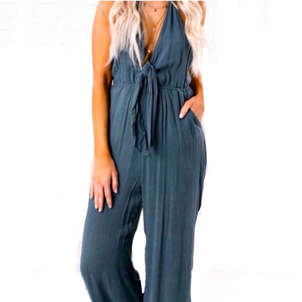 Honey Belle Olive Green long Halter Romper